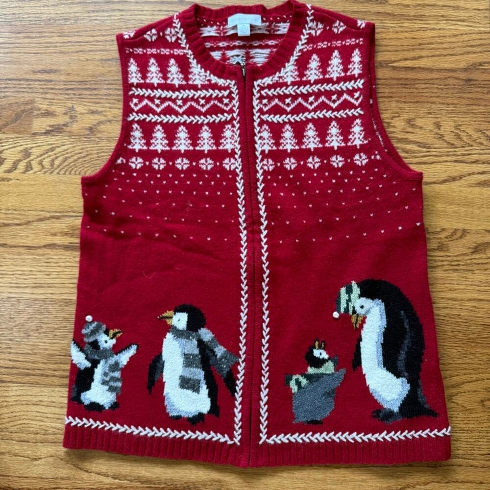 Vtg Charter Club Red Lambswool Zip Penguin Fair Isle M Vest Cottage Grandma